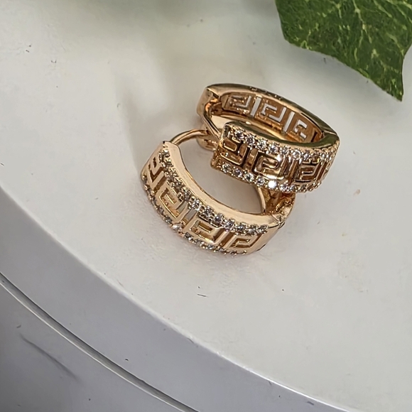 Gold Huggie Hoop Earrings Greek Key Design - Picture 3 of 7